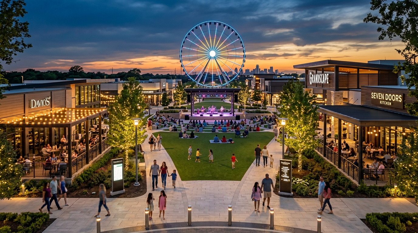 Grandscape Entertainment District and Ferris Wheel at Sunset in The Colony TX